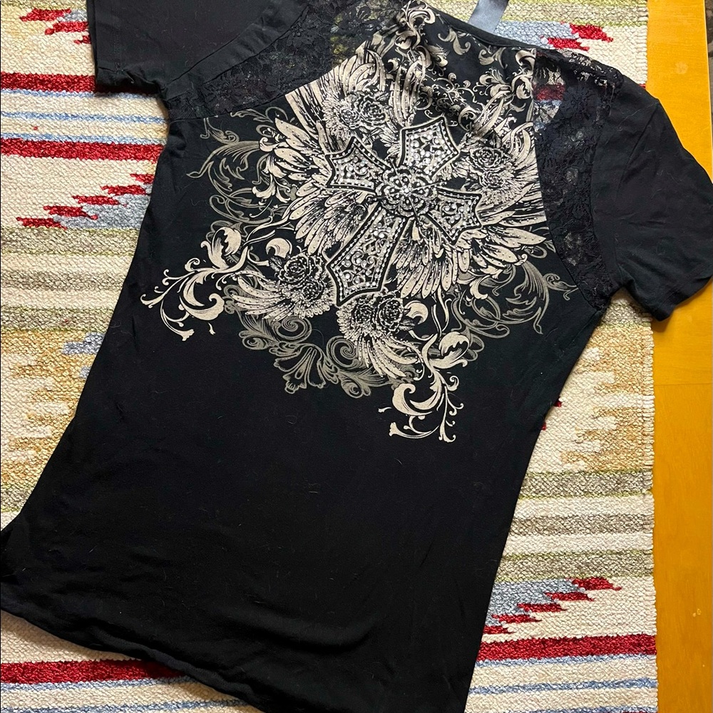 From Los Angeles by Bus Stop Black Wing studded heel top Size L